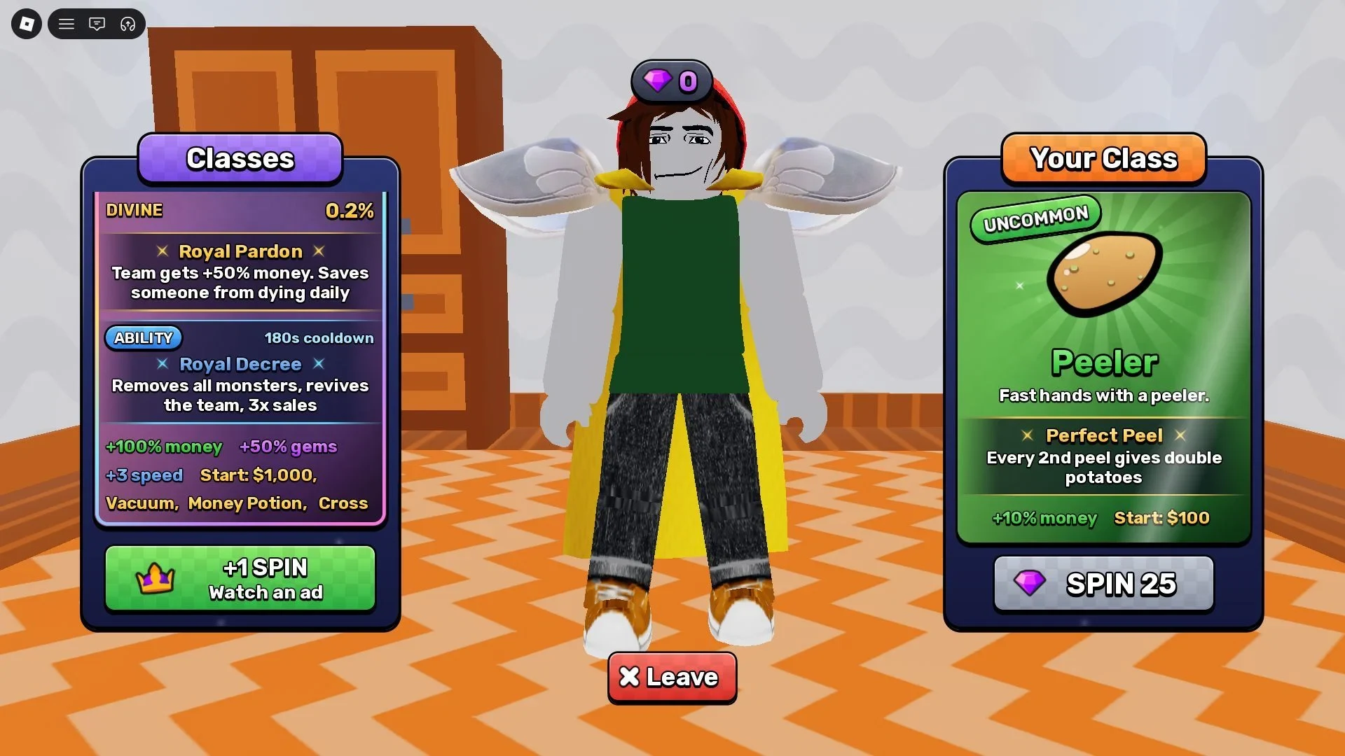 Sell Fries! [Anomaly] class station: Royal Pardon (Divine, 0.2%) card on the left, a Roblox player character in the center, and the Peeler (Uncommon) card on the right with a 25-gem SPIN button.